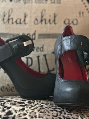 Women's Black Mary Jane Heels with Red Interior and Buckle Strap Size 6